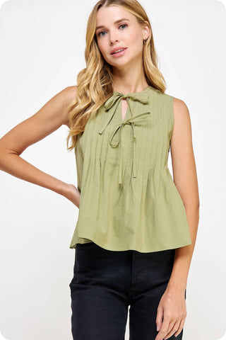 Pintuck Tie Detail Poplin Sleeveless Top