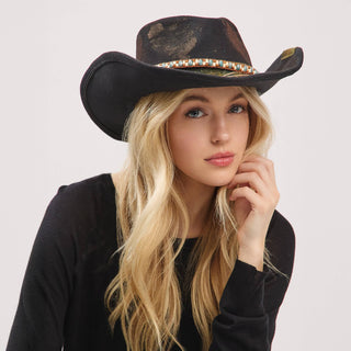 Distressed Fabric Band Rustic Cowgirl Fedora Hat
