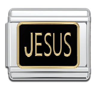 Italian Bracelet Charms - "JESUS" (Black & Gold) Religious 9mm Links