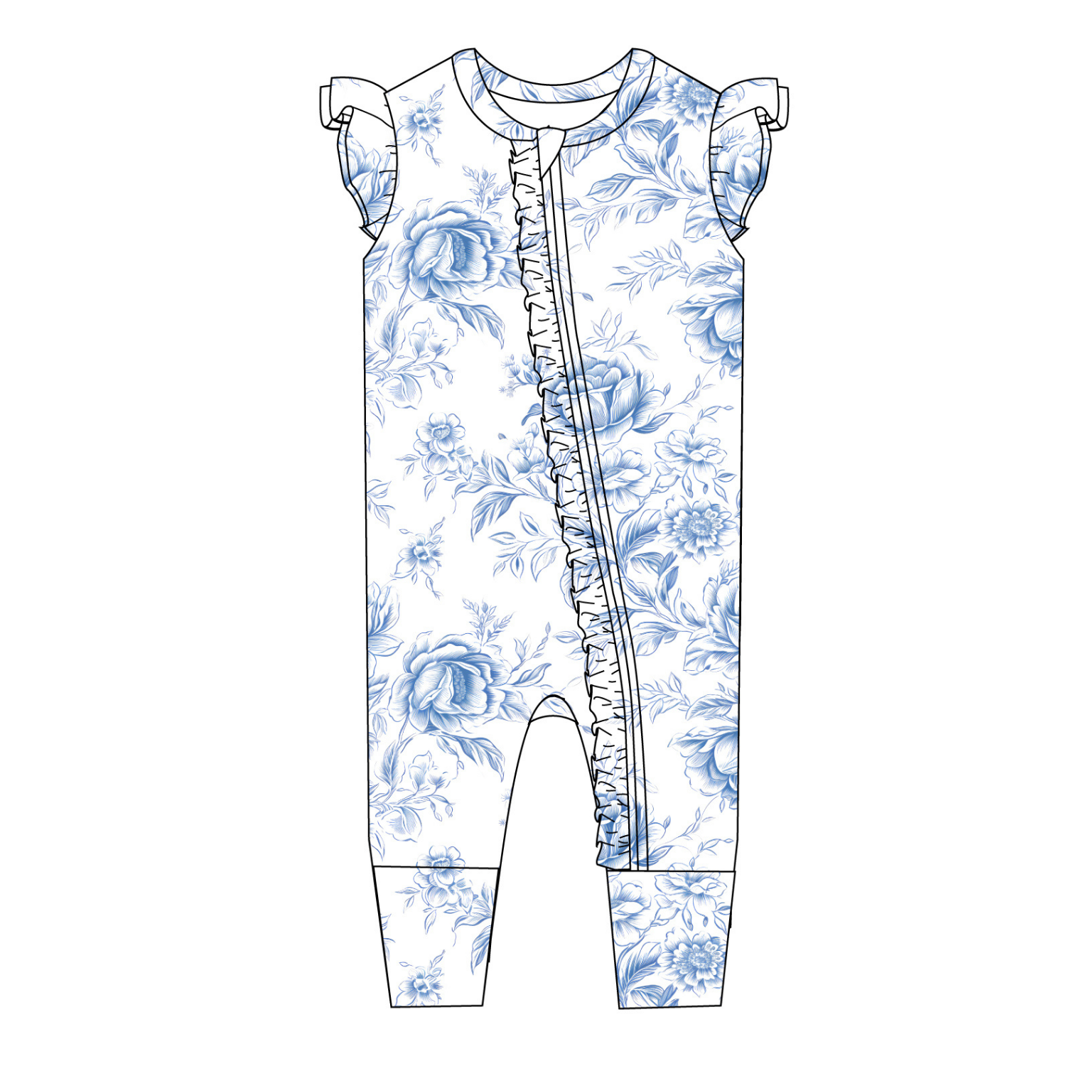 Charlie Lou Baby - Blue Toile Floral | Ruffle Sleeveless Romper | Bamboo