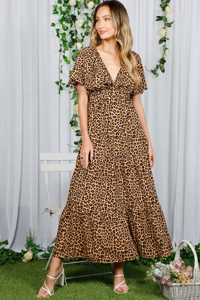 V-Neck Back Animal Printed Tiered Maxi Dress