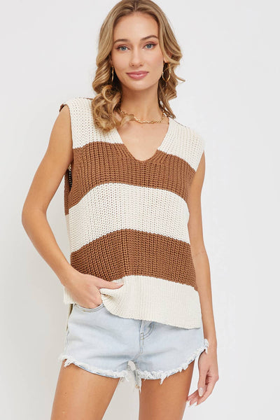 Jenny V-Neck Sweater Vest- Cream/Mocha