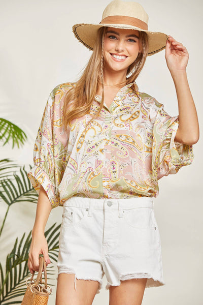 Satin Like Print Top With  Button Up Front