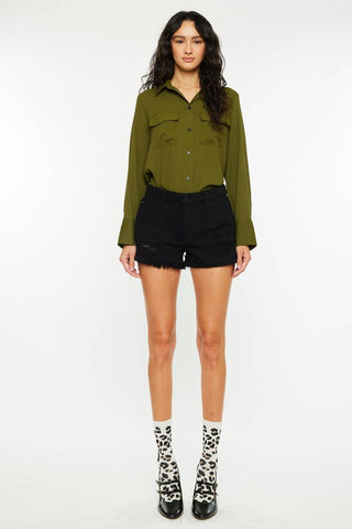 Kan Can HIGH RISE BLACK FRAY HEM DENIM SHORTS