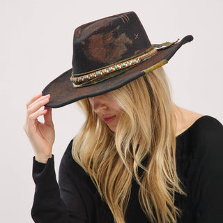 Distressed Fabric Band Rustic Cowgirl Fedora Hat