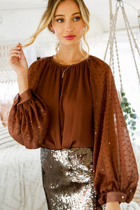 Sequin Balloon Sleeve Chiffon Blouse