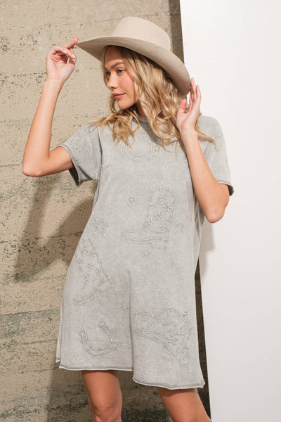 Garment Washed Crew Neck Embroidered T Shirt Dress