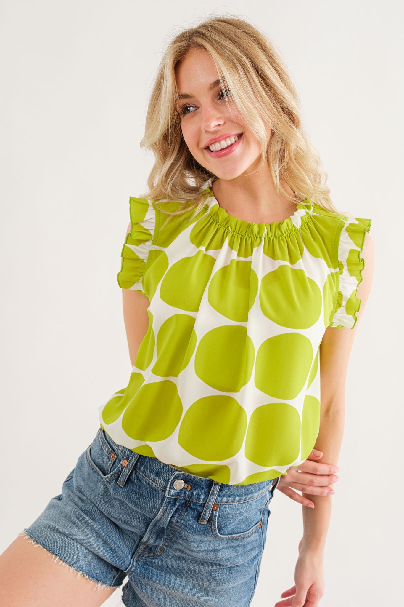 Rachel Ruffle Top- Polka Dot Kiwi