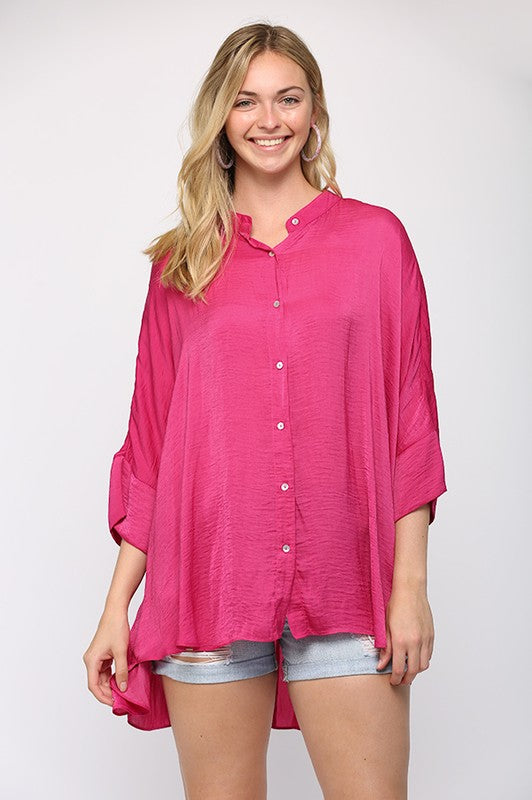 Ofelia Oversized Satin Button Down- Fuschia