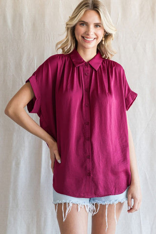 Luna Collared Cuff Short Sleeve Top- Magenta