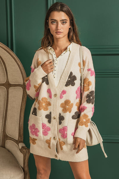 Royce Retro Flower Embroidery V-Neck Cardigan