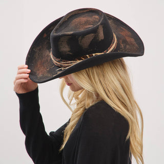 Distressed Fabric Band Feather Cowgirl Fedora Hat