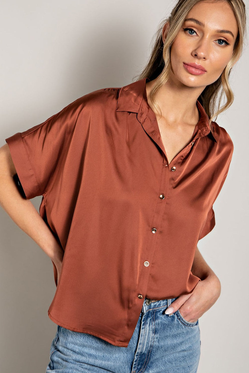 Trista Satin Collar Button Down- Coco