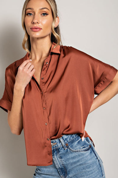 Trista Satin Collar Button Down- Coco