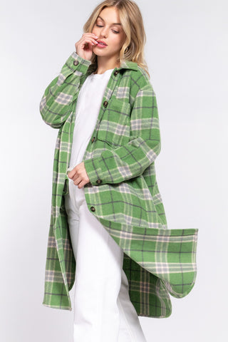 Linnie Plaid Long Shacket- Green/Grey