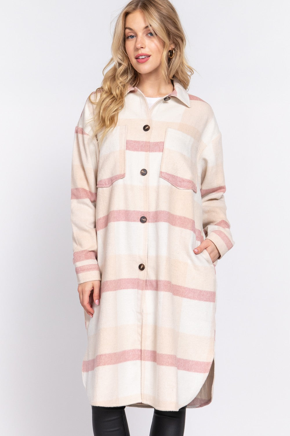 Linnie Plaid Long Shacket- Pink/Ivory