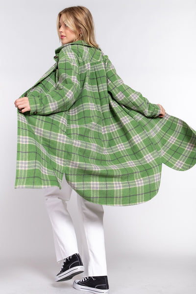 Linnie Plaid Long Shacket- Green/Grey