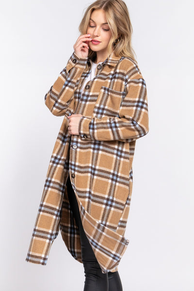 Linnie Plaid Long Shacket- Brown/Blue