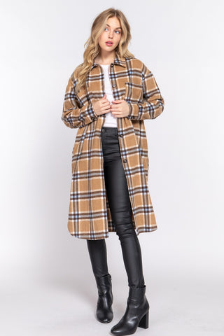 Linnie Plaid Long Shacket- Brown/Blue