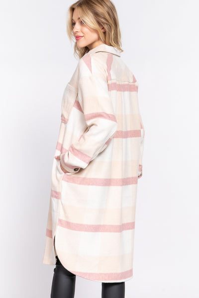 Linnie Plaid Long Shacket- Pink/Ivory