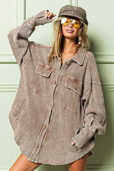 Vintage Wash Waffle Thermal Shacket- Tan