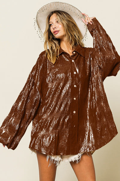 Naomi Metallic Shirred Bubble Sleeve Oversized Top