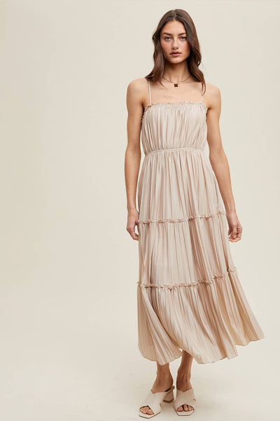 PLEATED TIERED MAXI DRESS WITH RUFFLE DETAIL