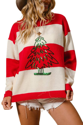 Christmas Stripe Sweater Top With Tree Sequins