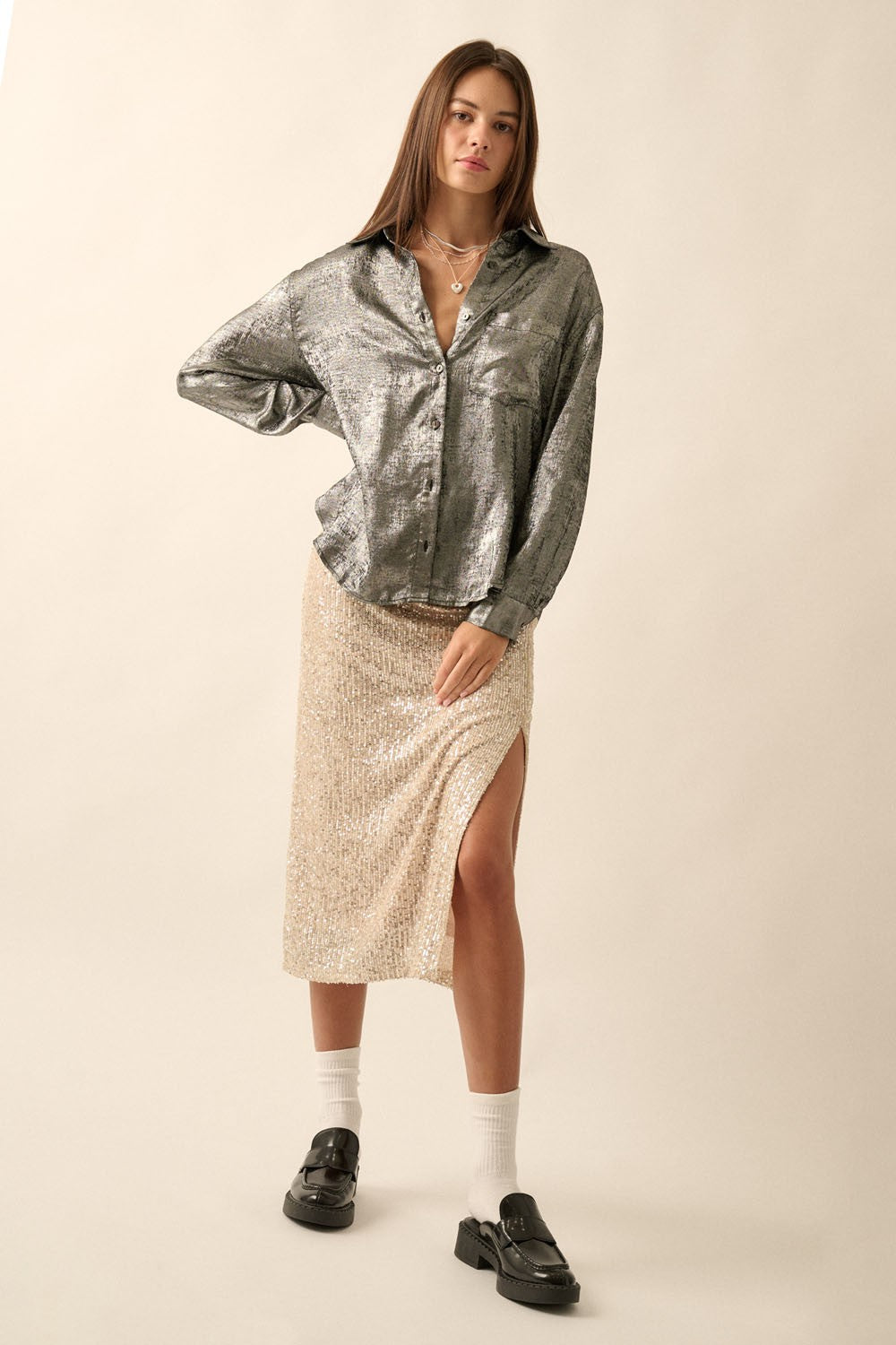 Lauralee Shimmery Button Front- GunMetal