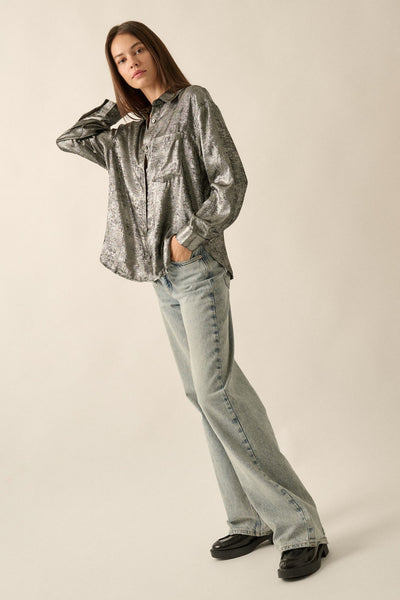 Lauralee Shimmery Button Front- GunMetal