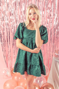 Square Neck Jacquard Holiday Party Mini Dress- Forest