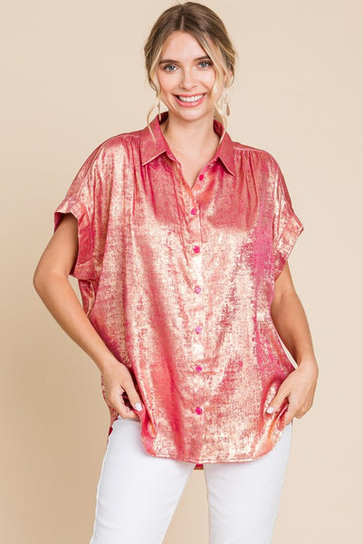 Miranda Metallic Button Up- Fuschia