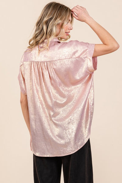 Miranda Metallic Button Up- Pink