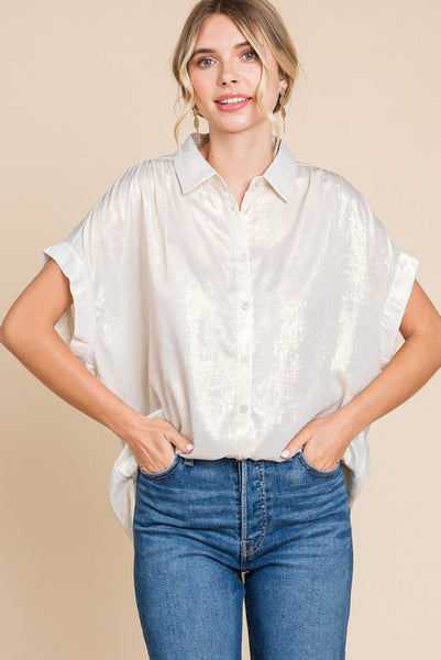 Miranda Metallic Button Up- Pearl