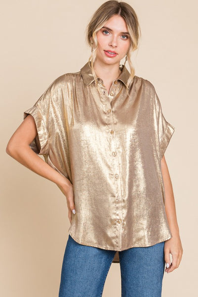 Miranda Metallic Button Up- Tauoe