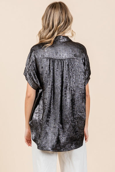 Miranda Metallic Button Up- Black