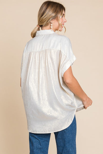 Miranda Metallic Button Up- Pearl