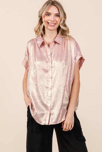 Miranda Metallic Button Up- Pink