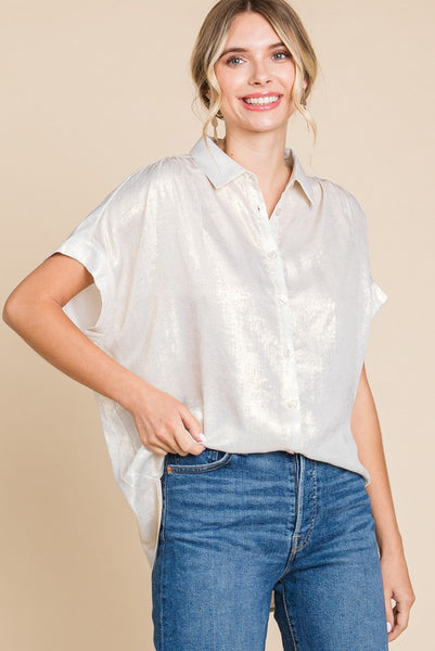 Miranda Metallic Button Up- Pearl