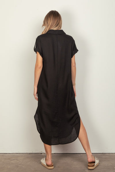 London Linen Woven Midi Dress- Black