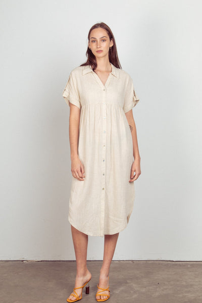 London Linen Woven Midi Dress- Natural