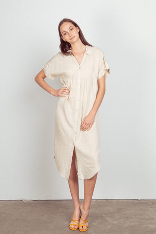 London Linen Woven Midi Dress- Natural