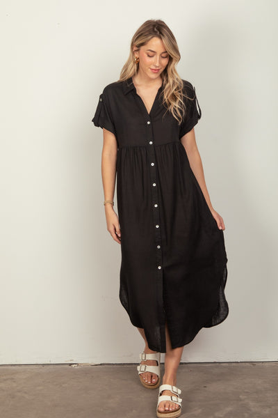 London Linen Woven Midi Dress- Black