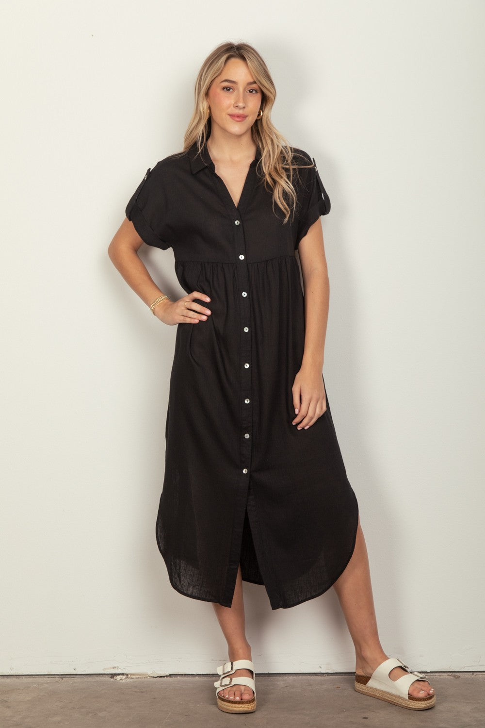 London Linen Woven Midi Dress- Black