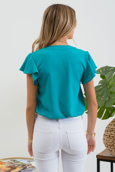 Sherri Split Neck Flutter Sleeve Top- Light Teal