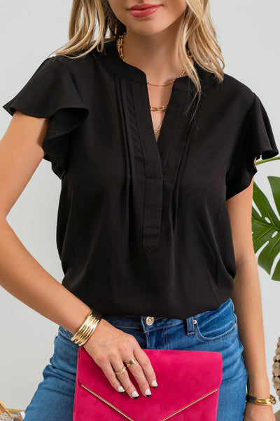 Sherri Split Neck Flutter Sleeve Top- Black