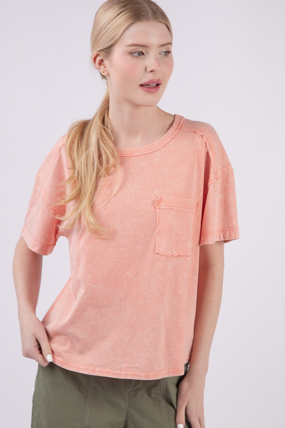 Jess- Short Sleeve Washed Comfy Tee- Peach