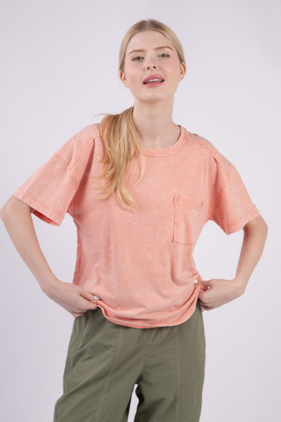 Jess- Short Sleeve Washed Comfy Tee- Peach