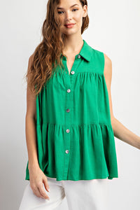 Sienna Soft Washed Tiered Sleevless Top- Kelly Green