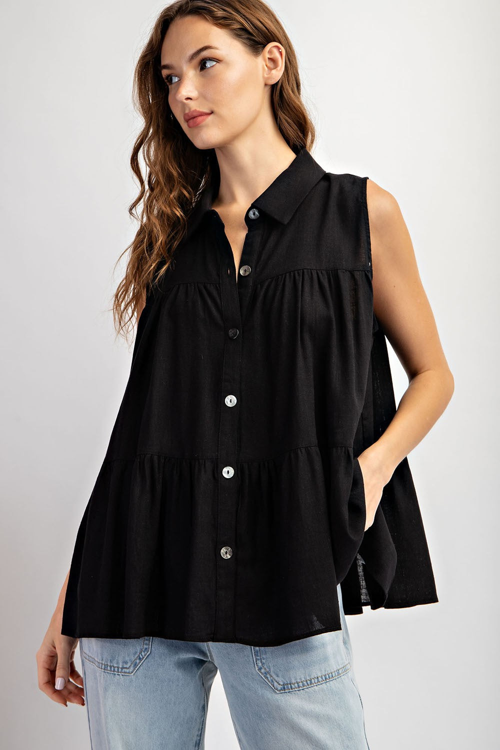 Sienna Soft Washed Tiered Sleevless Top- Black